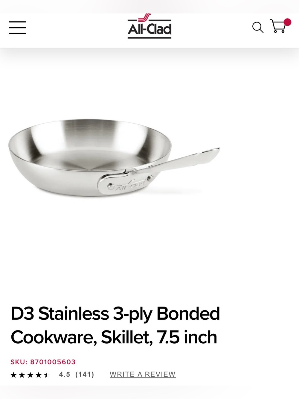 All-Clad D3 Stainless Steel 3-Ply Bonded Skillet - Silver